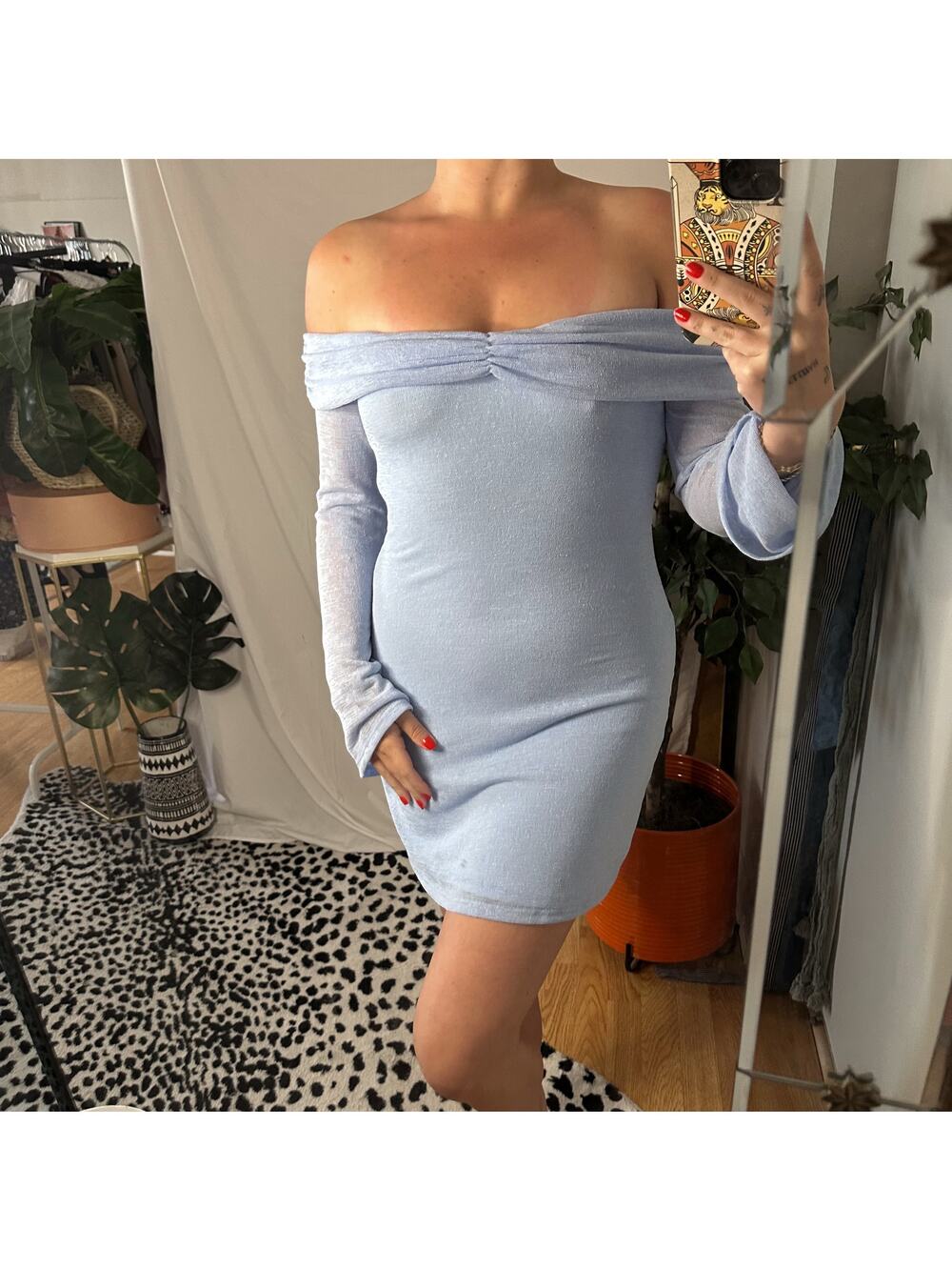Princess Polly Stellaire Long Sleeve Off The Shoulder Mini Dress Blue Size 6